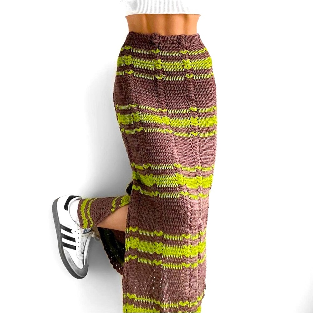 Free People Beach Donni Crochet Brown and Green Striped Maxi Skirt With Slit
